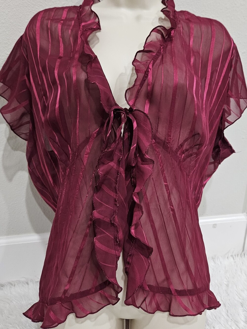Elementz Sheer Ruffled Tie-Front Blouse - Wine